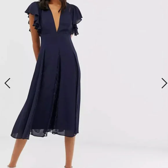 asos navy midi dress ASOS Design Curve pleated bodice plunge neck midi dress in navy
